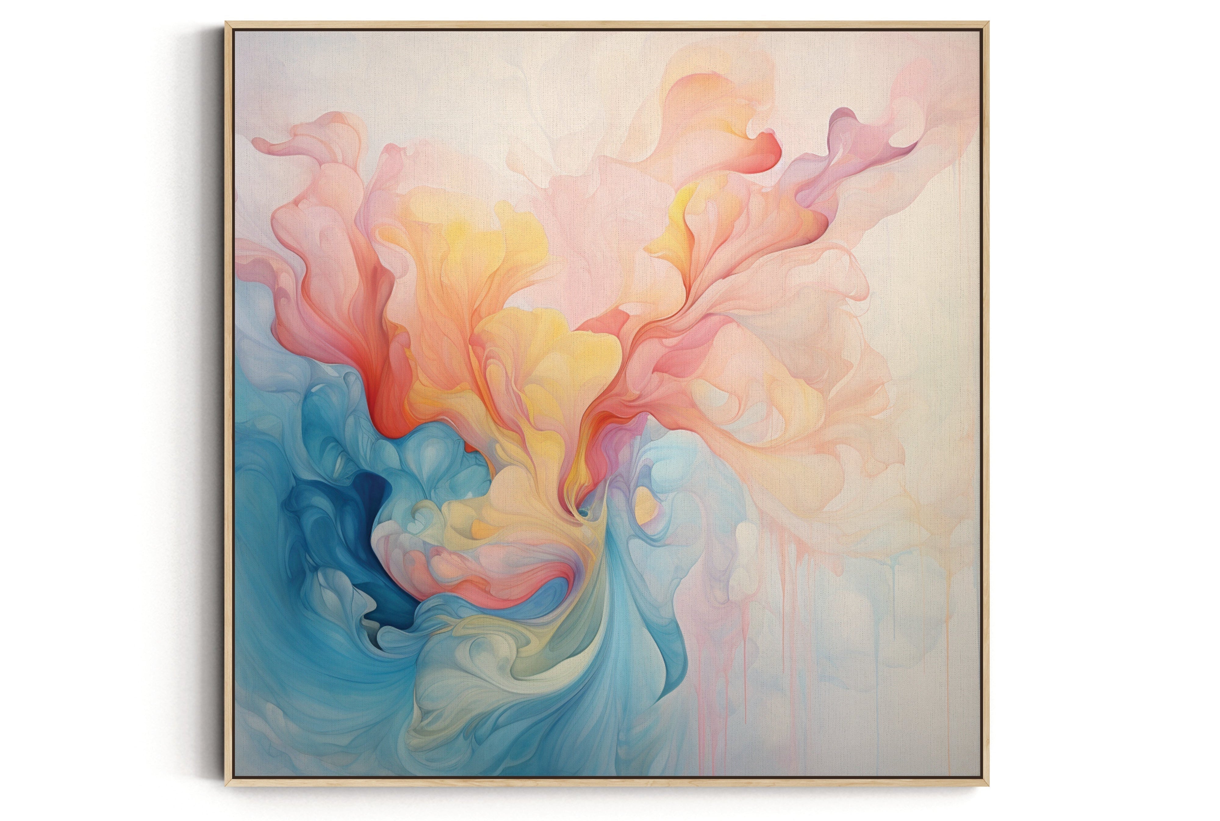 Colorful abstract painting with an oak frame on a white background